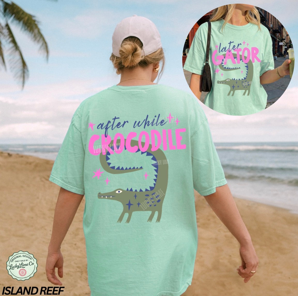 Person wearing a light green t-shirt with a crocodile graphic and text on a beach.