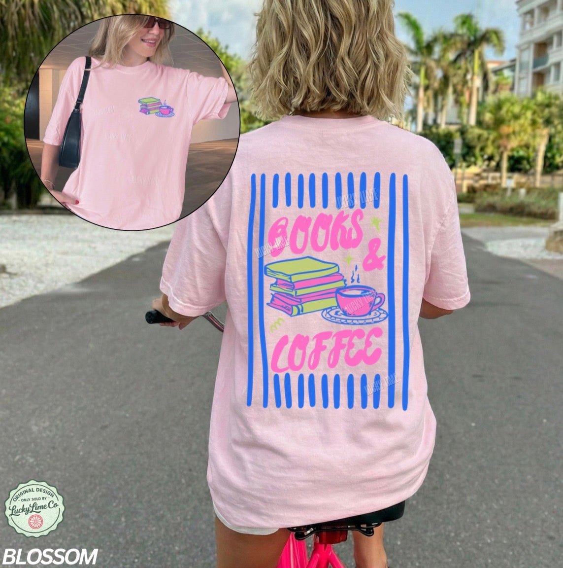 Person wearing a pink t-shirt with 'Books & Coffee' design outdoors.