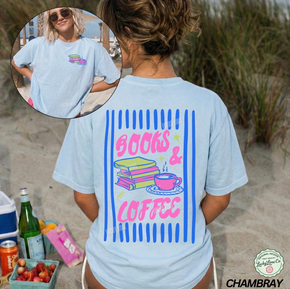 Woman wearing a light blue t-shirt with 'Books & Coffee' design on a beach.
