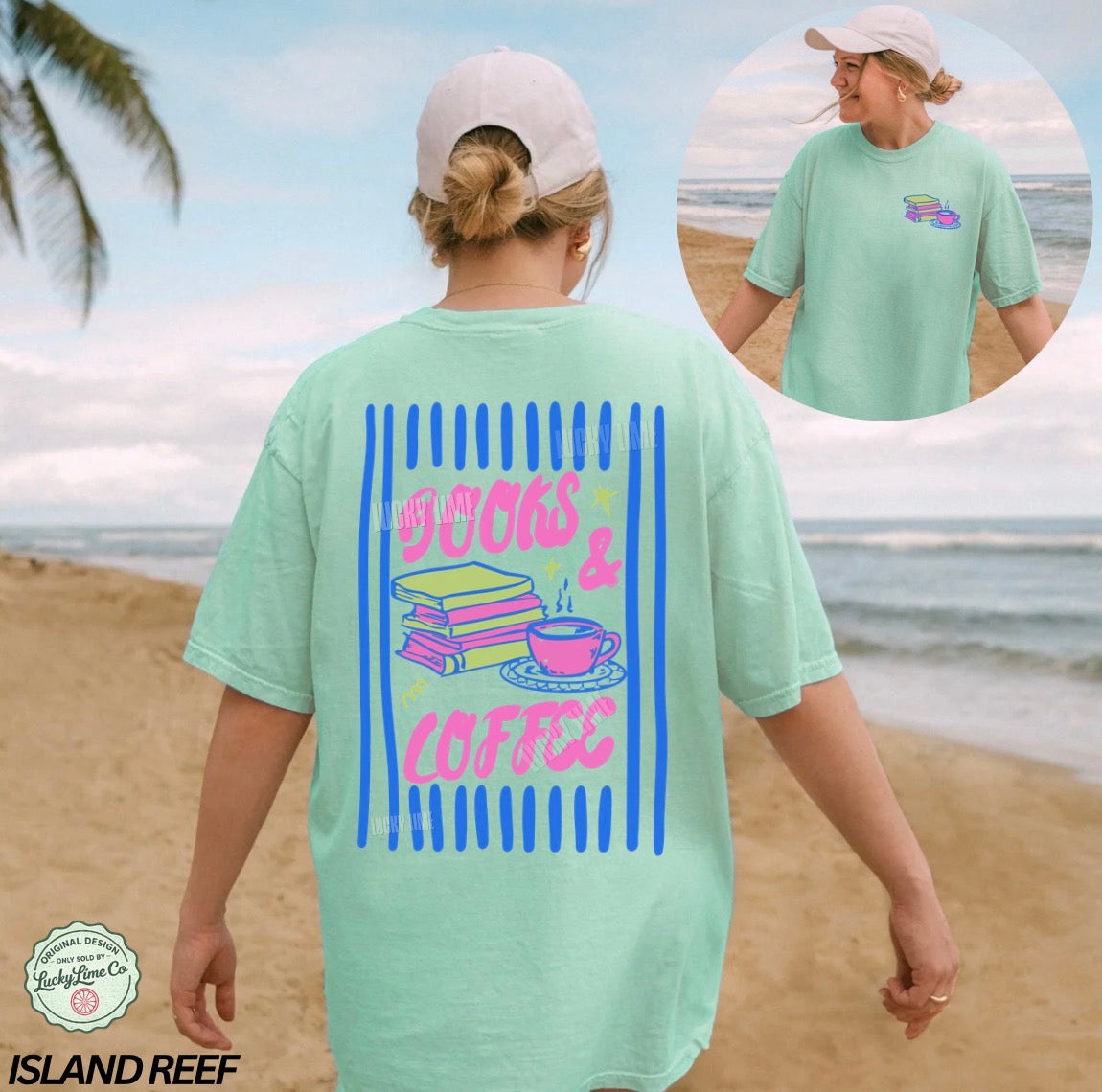 Person wearing a light green t-shirt with 'Books & Coffee' design on a beach.