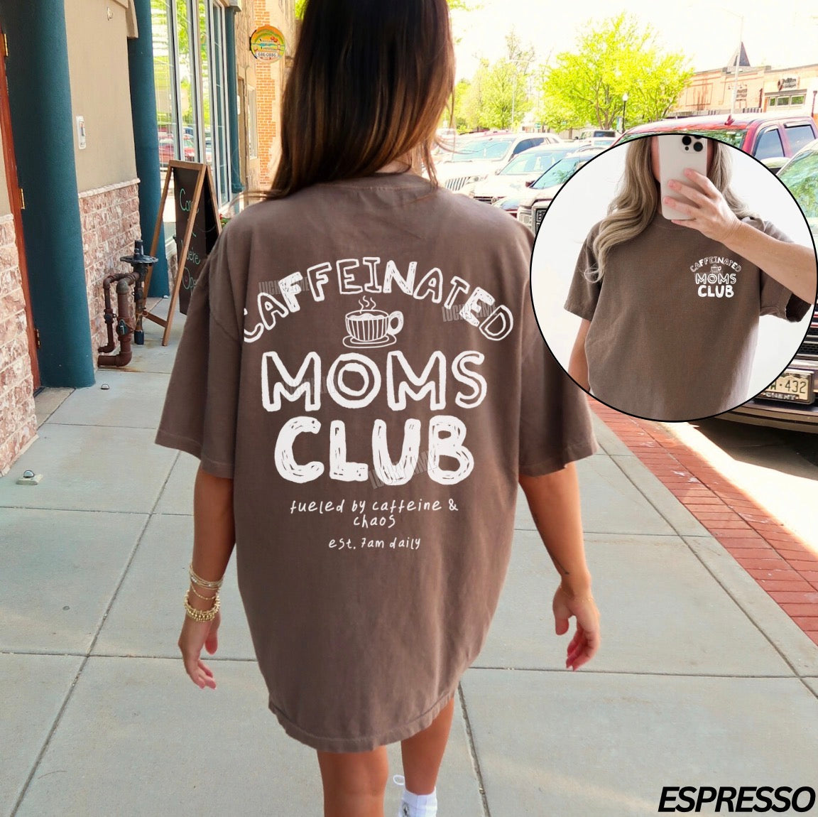 Person wearing a brown t-shirt with 'Caffeinated Moms Club' text, standing on a sidewalk.