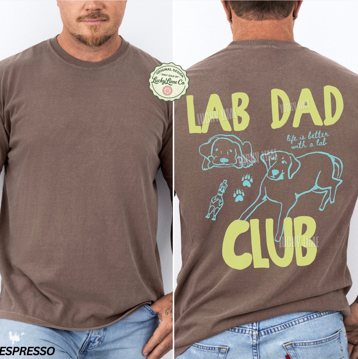 Brown t-shirt with 'Lab Dad Club' text and graphics on a white background