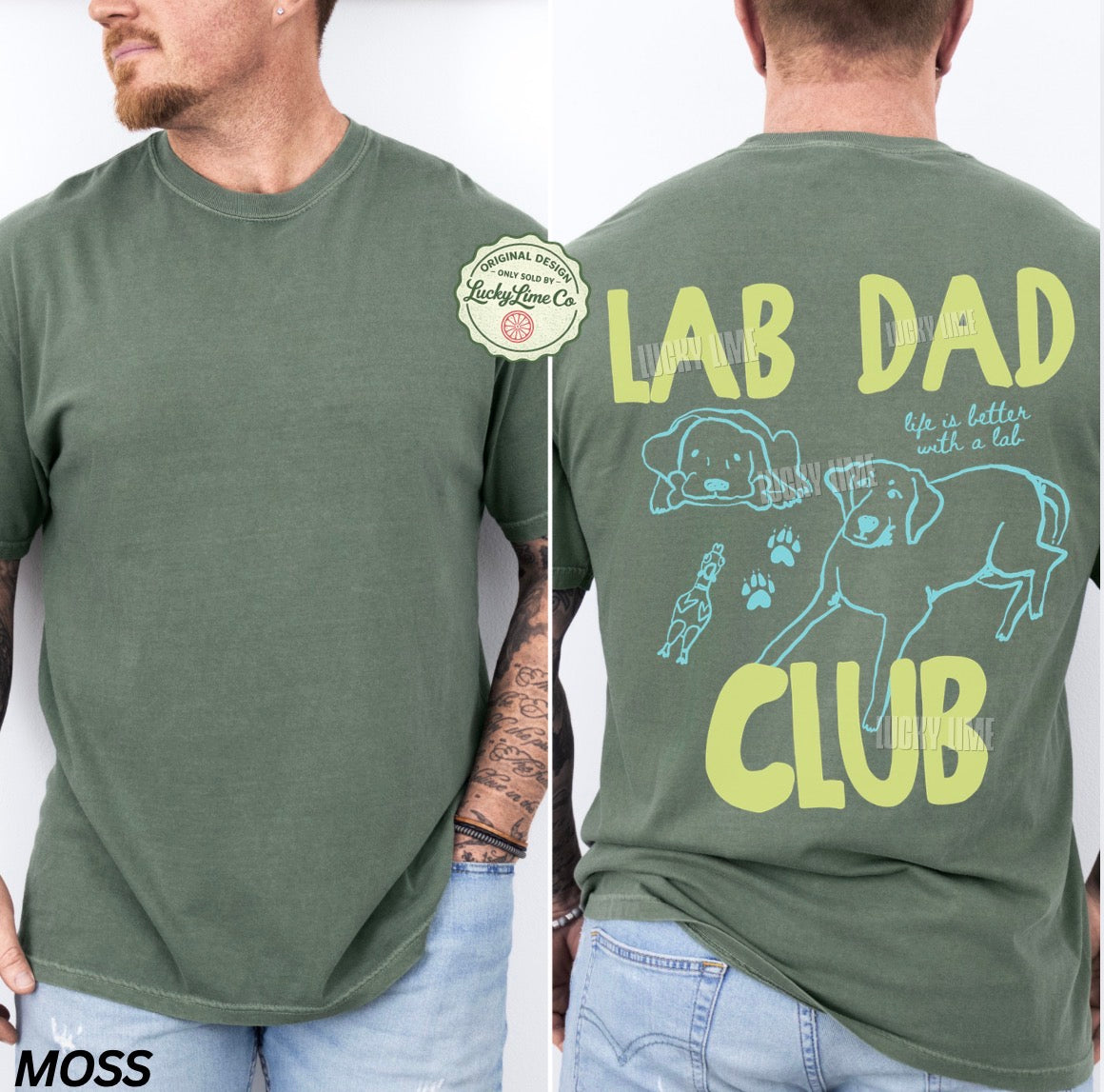 Green t-shirt with 'Lab Dad Club' design on a man wearing it.