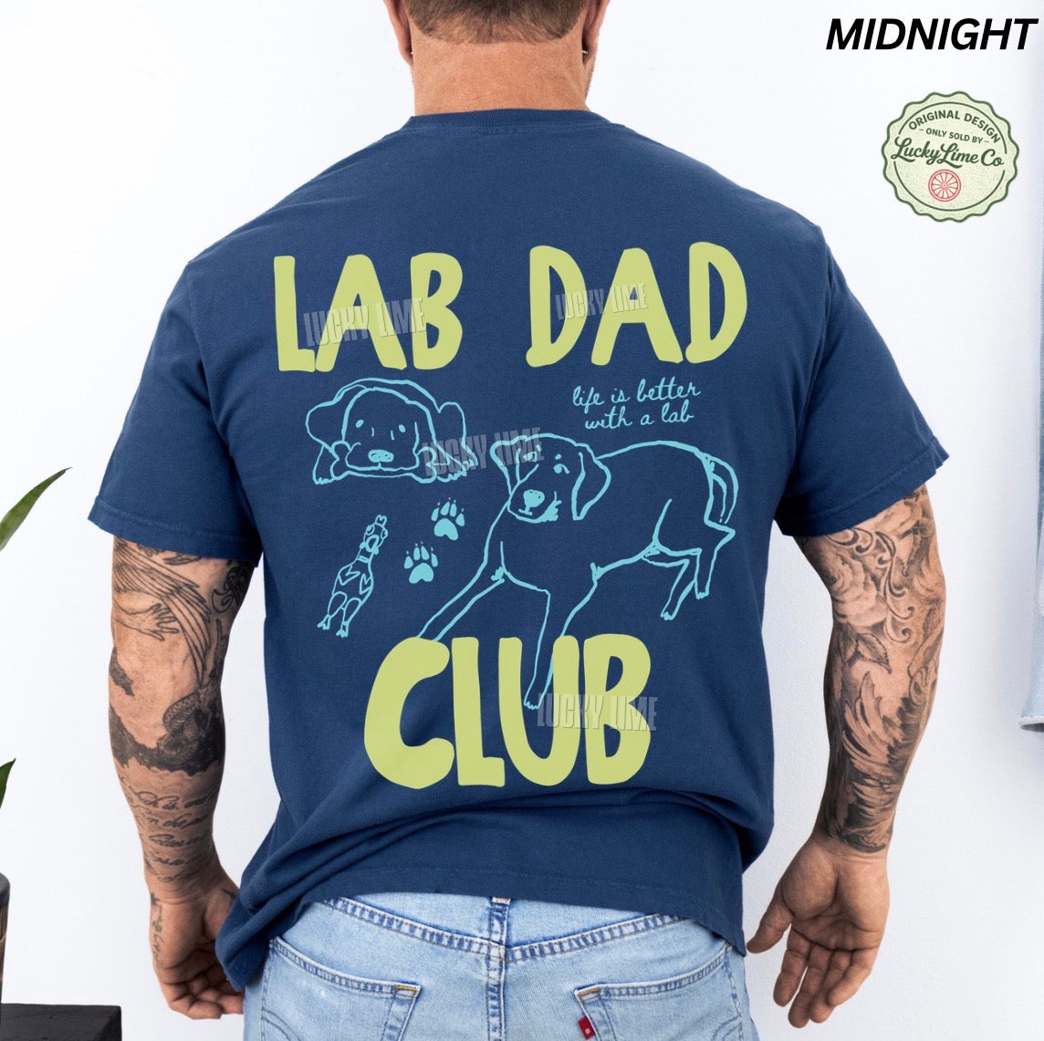 Person wearing a navy blue t-shirt with 'Lab Dad Club' text and graphics on the back.