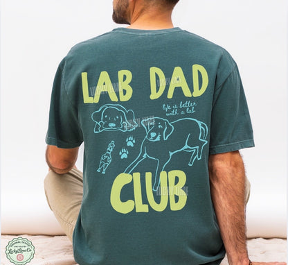 Person wearing a t-shirt with 'Lab Dad Club' text and graphics on the back.