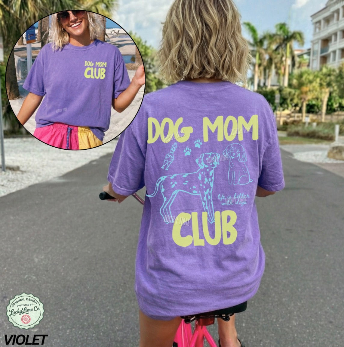 Woman wearing a purple 'Dog Mom Club' t-shirt with a graphic of a dog on the back, standing outdoors.