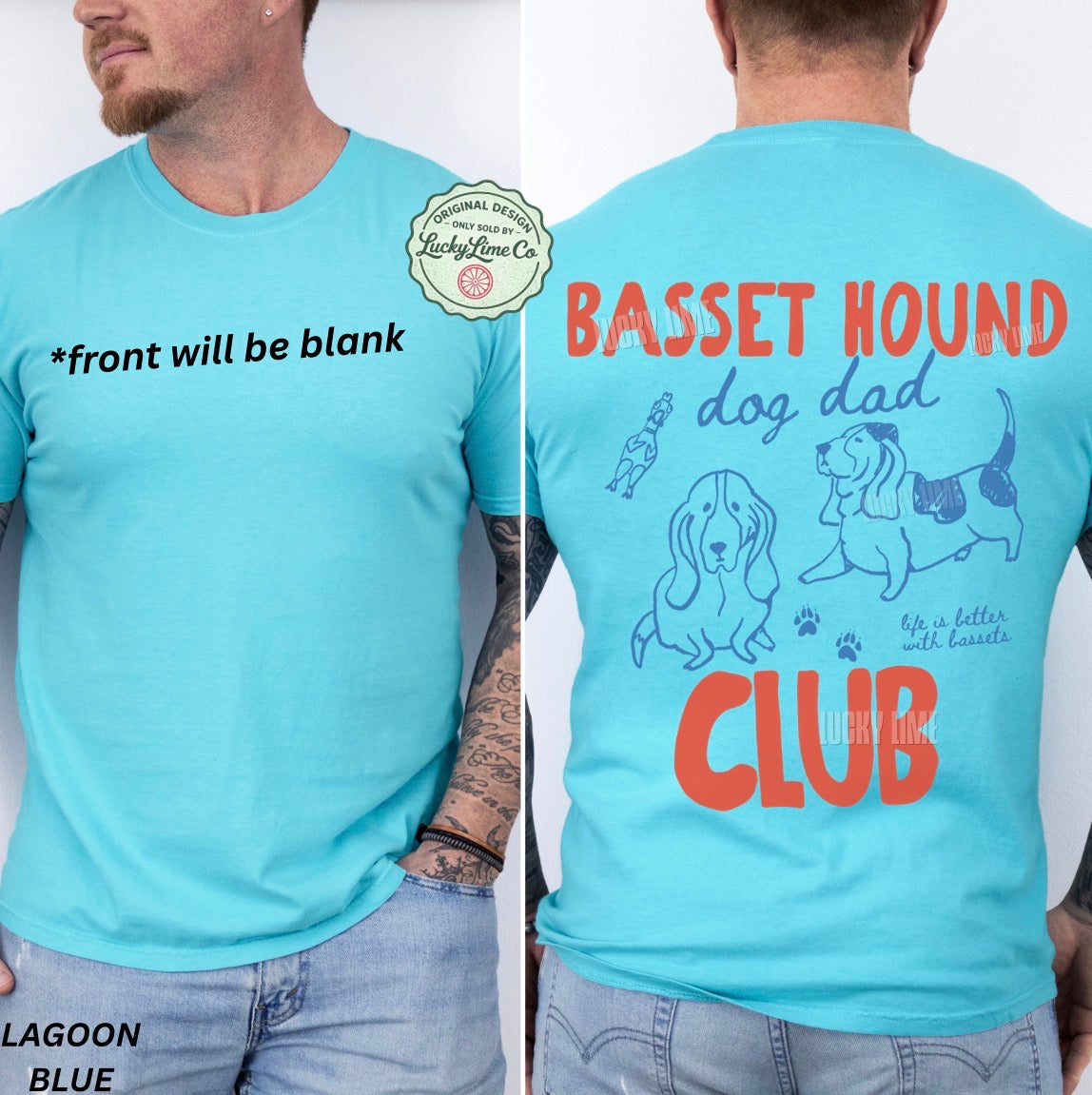 Light blue t-shirt with 'Basset Hound Dog Dad Club' design on the back, worn by a person.