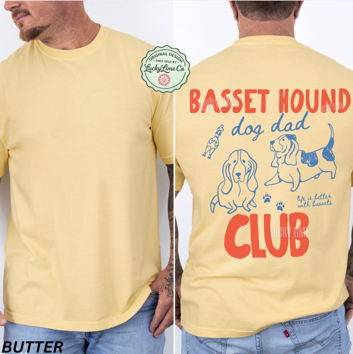 Yellow t-shirt with 'Basset Hound Dog Dad Club' design on a white background