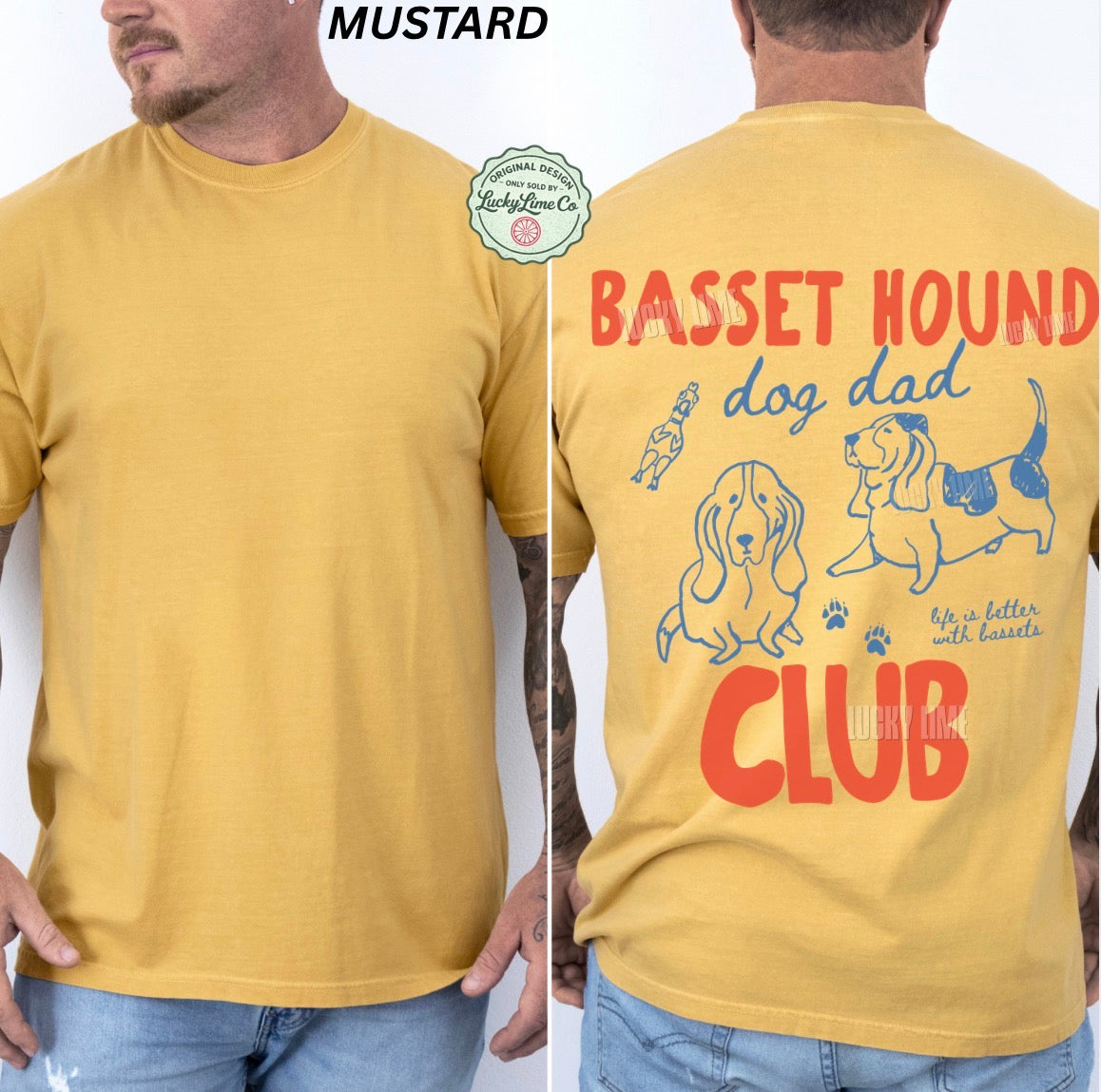 Yellow t-shirt with 'Basset Hound Dog Dad Club' design on a white background