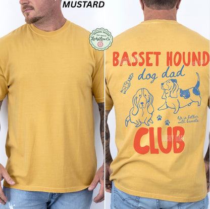 Yellow t-shirt with 'Basset Hound Dog Dad Club' design on a white background