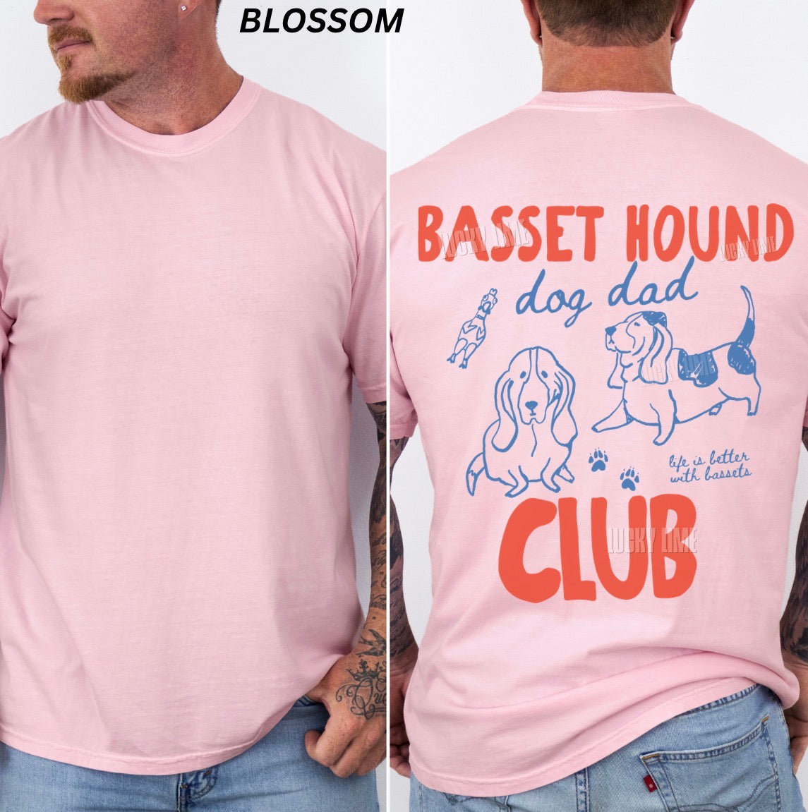 Pink t-shirt with 'Basset Hound Dog Dad Club' design on a person wearing it.