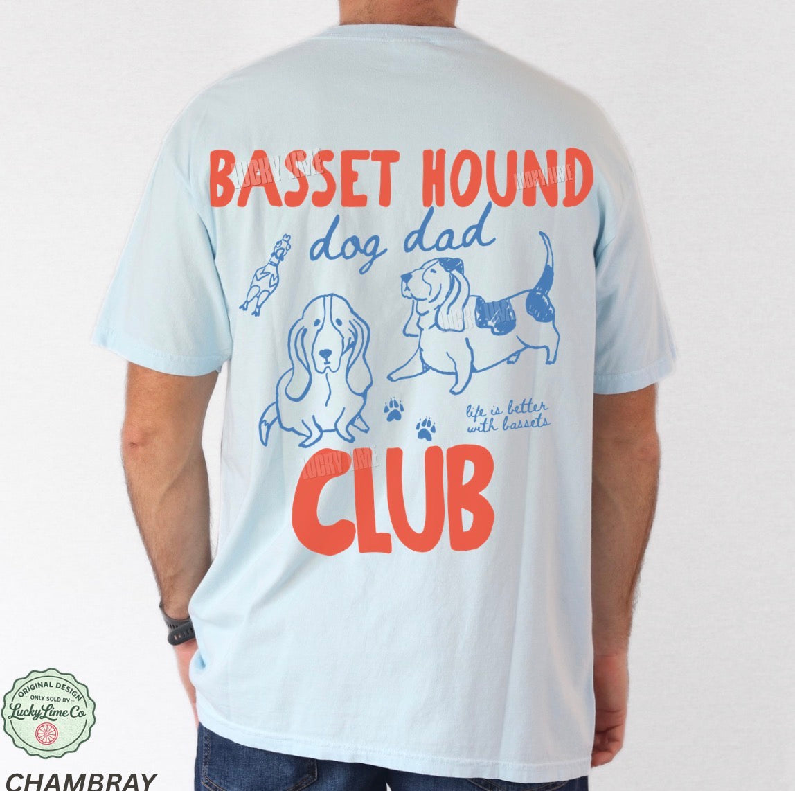 T-shirt with 'Basset Hound Dog Dad Club' text and graphics on a light blue background