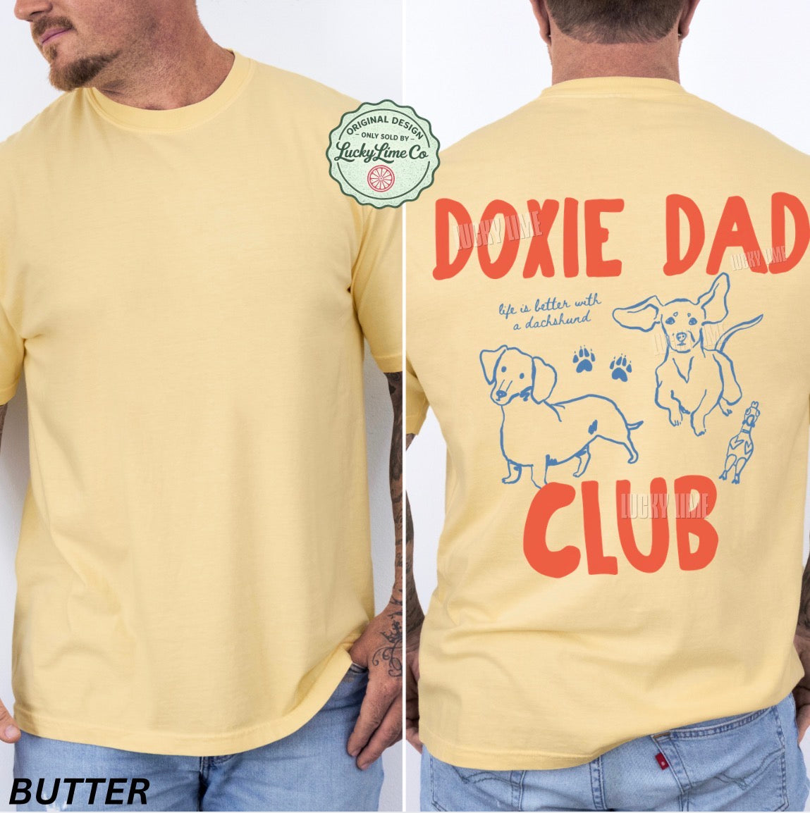 Yellow t-shirt with 'Doxie Dad Club' design on a white background