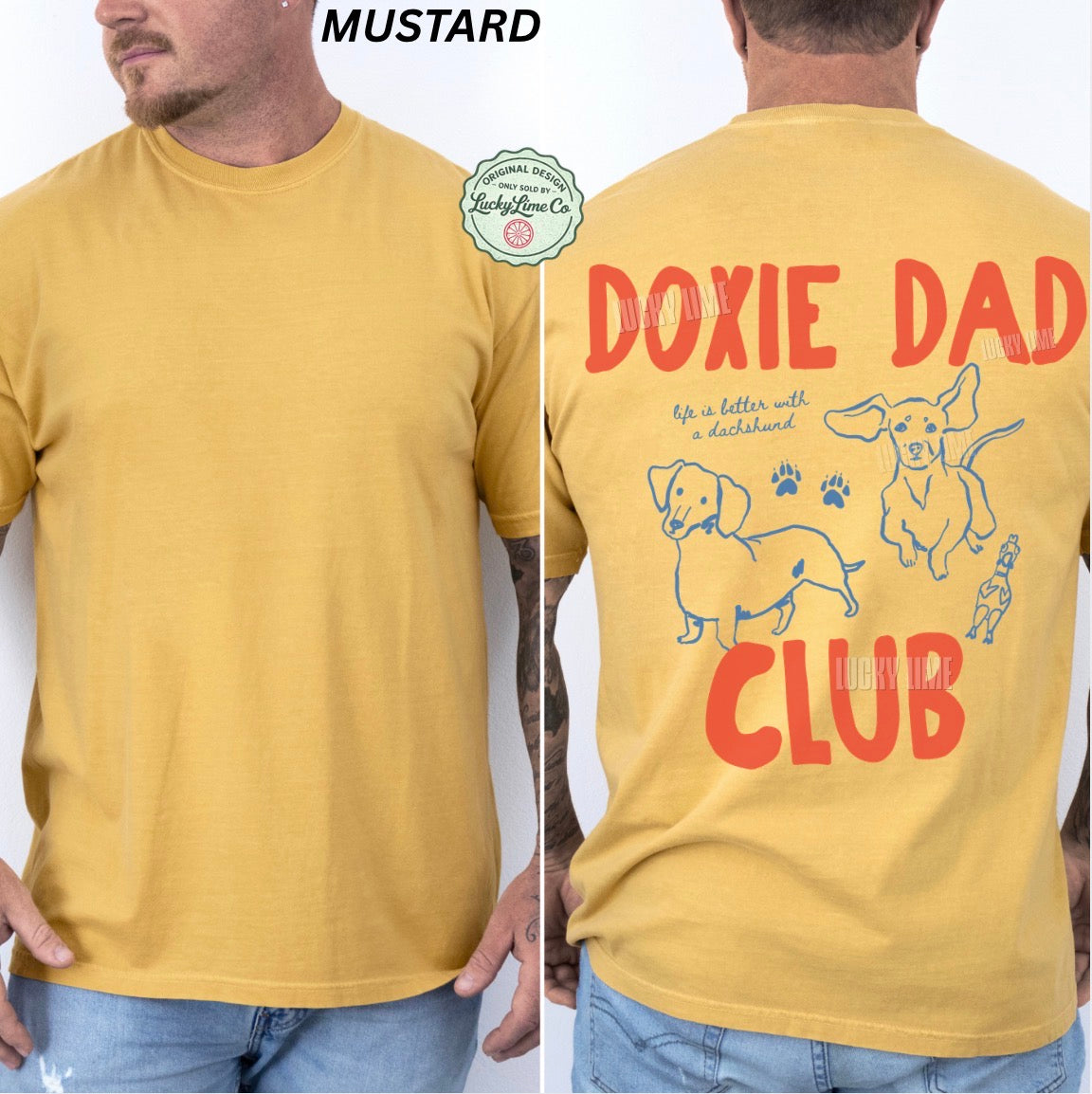 Yellow t-shirt with 'Doxie Dad Club' design on a white background