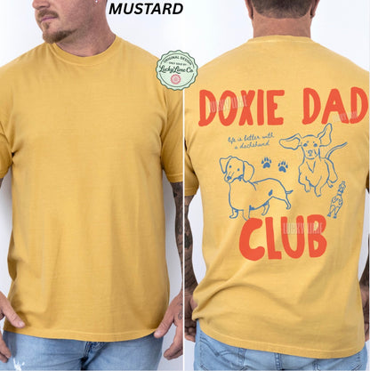 Yellow t-shirt with 'Doxie Dad Club' design on a white background