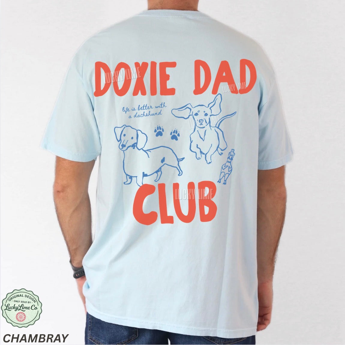T-shirt with 'Doxie Dad Club' text and dachshund illustrations on a plain background