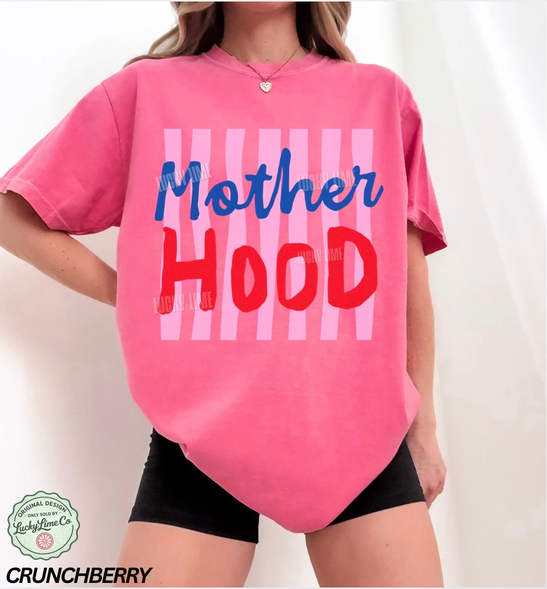 Person wearing a pink t-shirt with 'Mother Hood' text, brand 'Crunchberry' visible.
