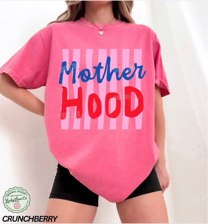 Person wearing a pink t-shirt with 'Mother Hood' text, brand 'Crunchberry' visible.