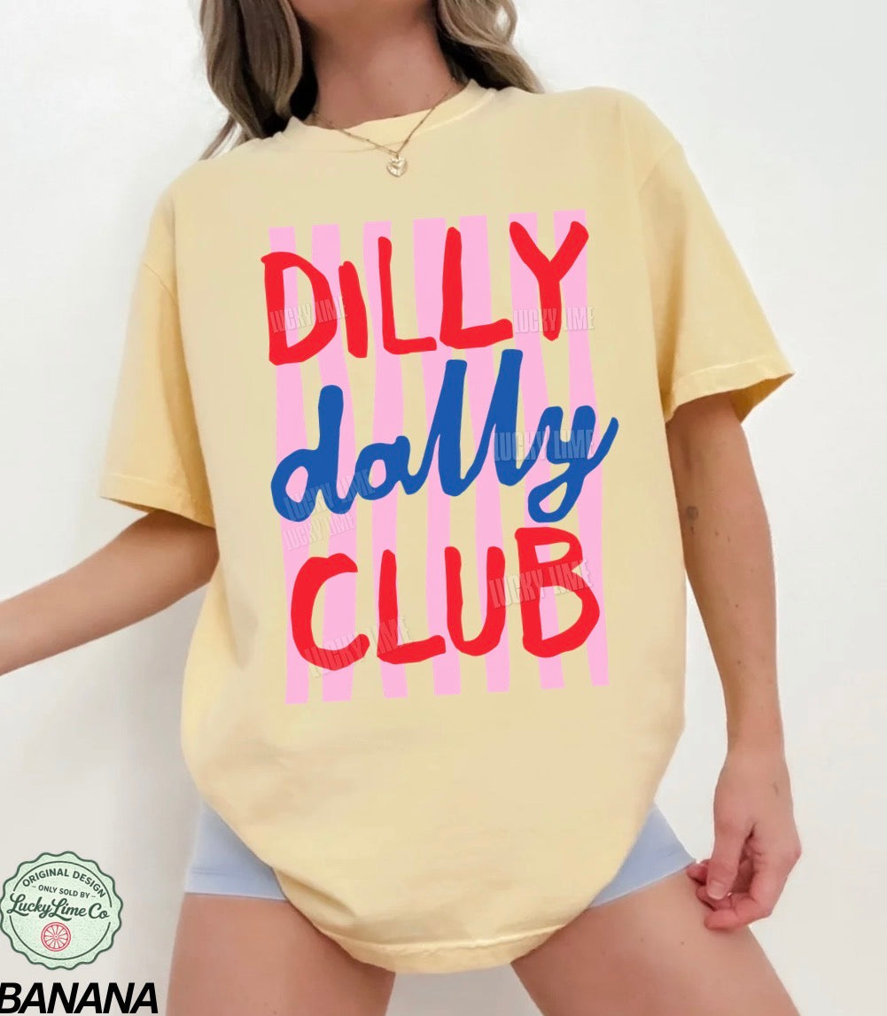 Yellow t-shirt with 'Dilly dally Club' text on a white background