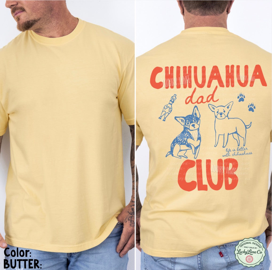 Yellow t-shirt with 'Chihuahua Dad Club' text and graphics on a white background