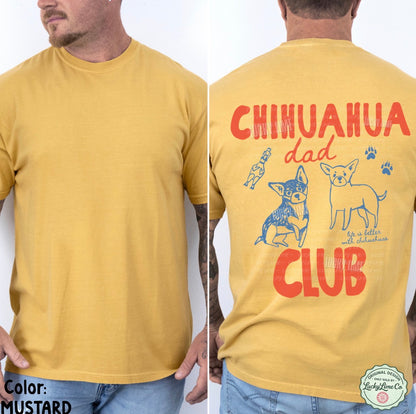 Yellow t-shirt with 'Chihuahua Dad Club' design on a white background