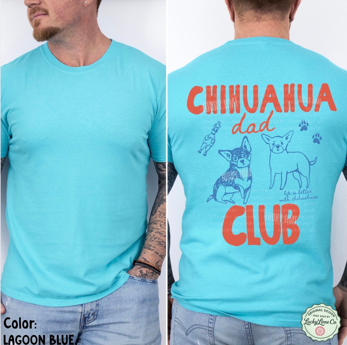 Light blue t-shirt with 'Chihuahua Dad Club' text and graphics on a white background