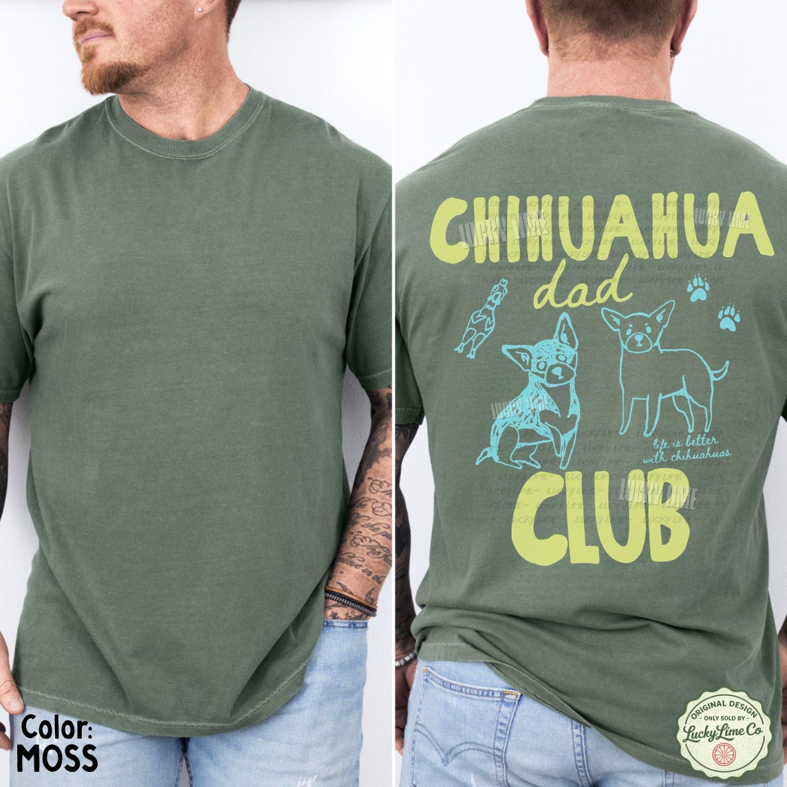 Green t-shirt with 'Chihuahua Dad Club' design on a white background