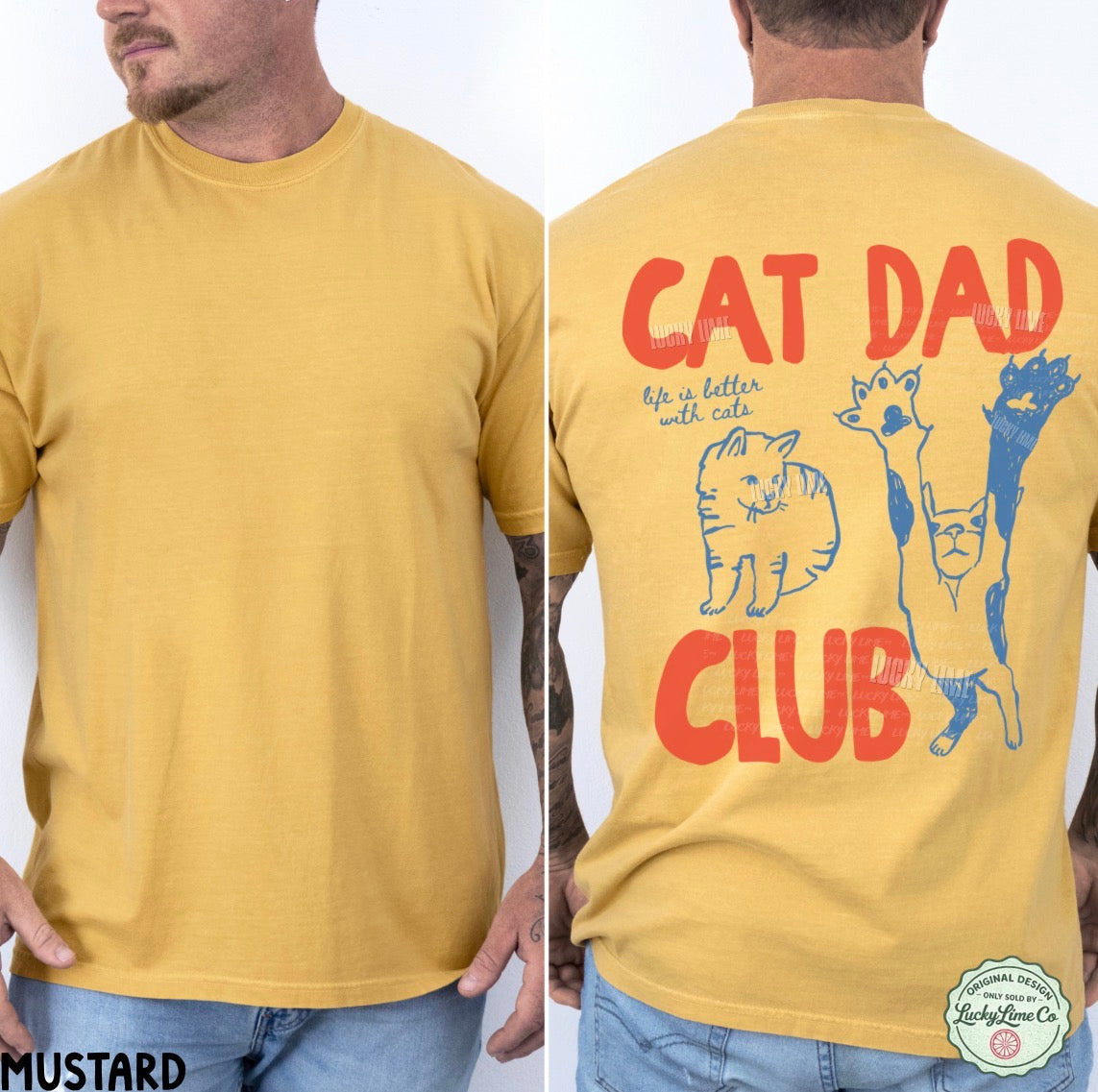Yellow t-shirt with 'Cat Dad Club' text and cat illustrations on a white background