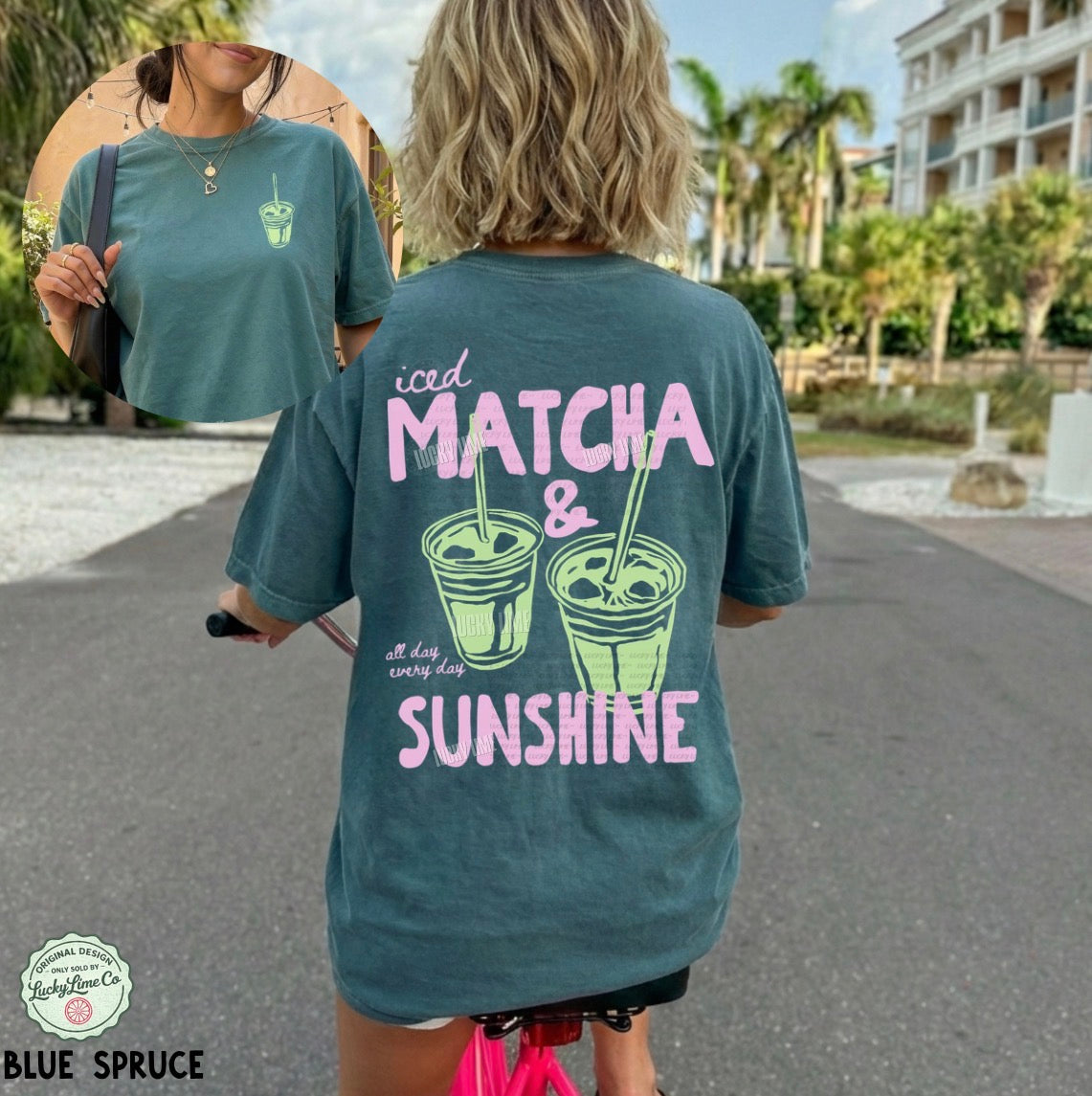 Person wearing a teal t-shirt with 'iced matcha & sunshine' design outdoors.