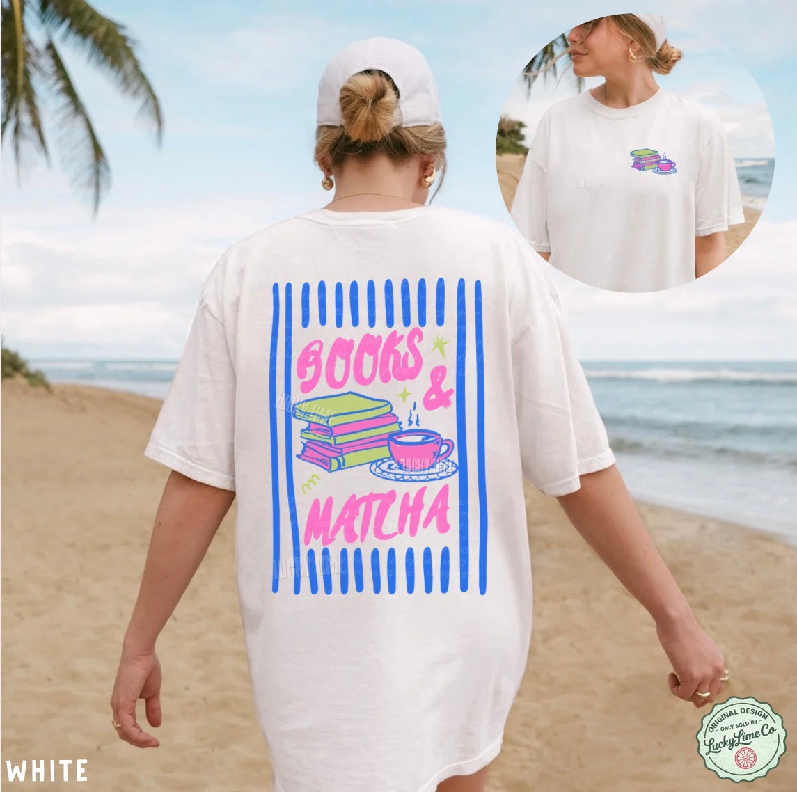 Person wearing a white t-shirt with 'Books & Matcha' design on a beach.