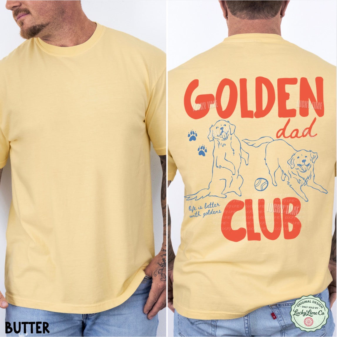 Yellow t-shirt with 'Golden Dad Club' design on a white background