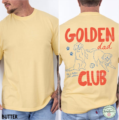 Yellow t-shirt with 'Golden Dad Club' design on a white background