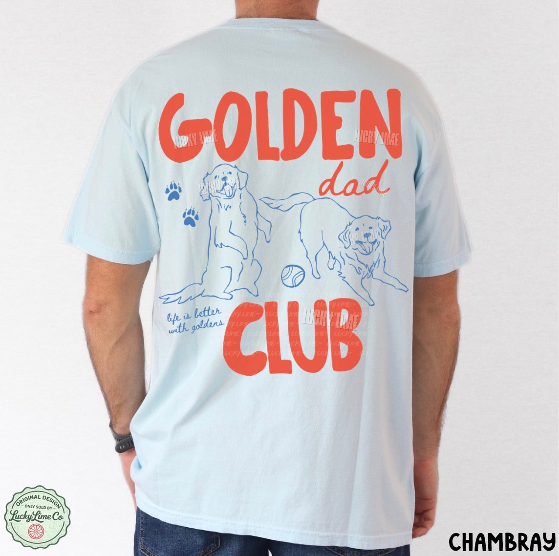 T-shirt with 'Golden Dad Club' text and dog illustrations on a white background