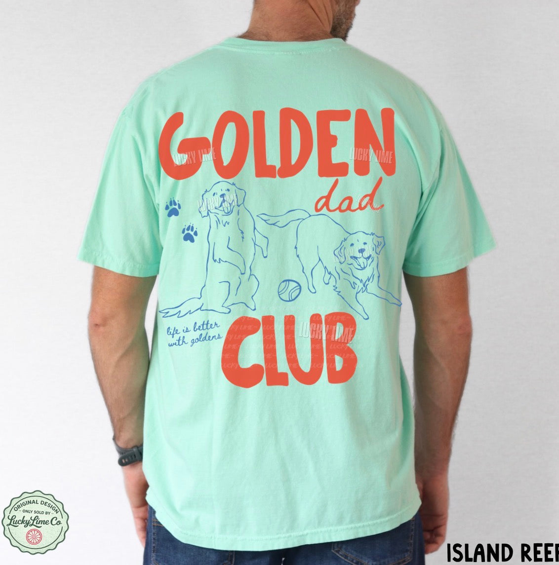 Person wearing a light green t-shirt with 'Golden Dad Club' text and graphics on the back.