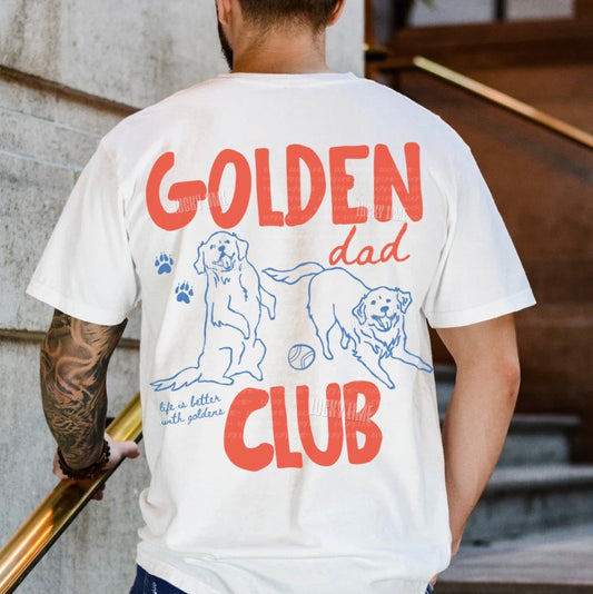 Man wearing a white shirt that says ‘golden dad club’