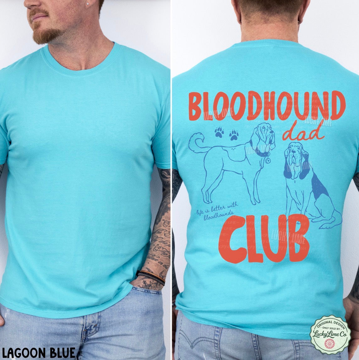 Light blue t-shirt with 'Bloodhound Dad Club' text and graphics on a white background