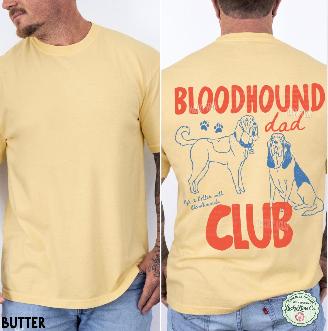 Yellow t-shirt with 'Bloodhound Dad Club' design on a white background