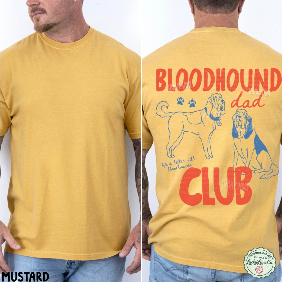 Yellow t-shirt with 'Bloodhound Dad Club' design on a white background