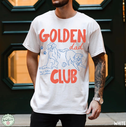 Person wearing a white t-shirt with 'Golden Dad Club' text and graphics.