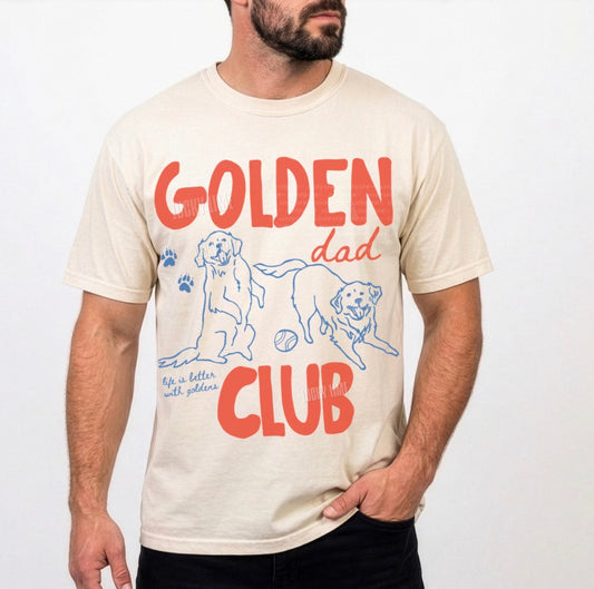 Man wearing a t-shirt with 'Golden Dad Club' text and dog illustrations on a white background
