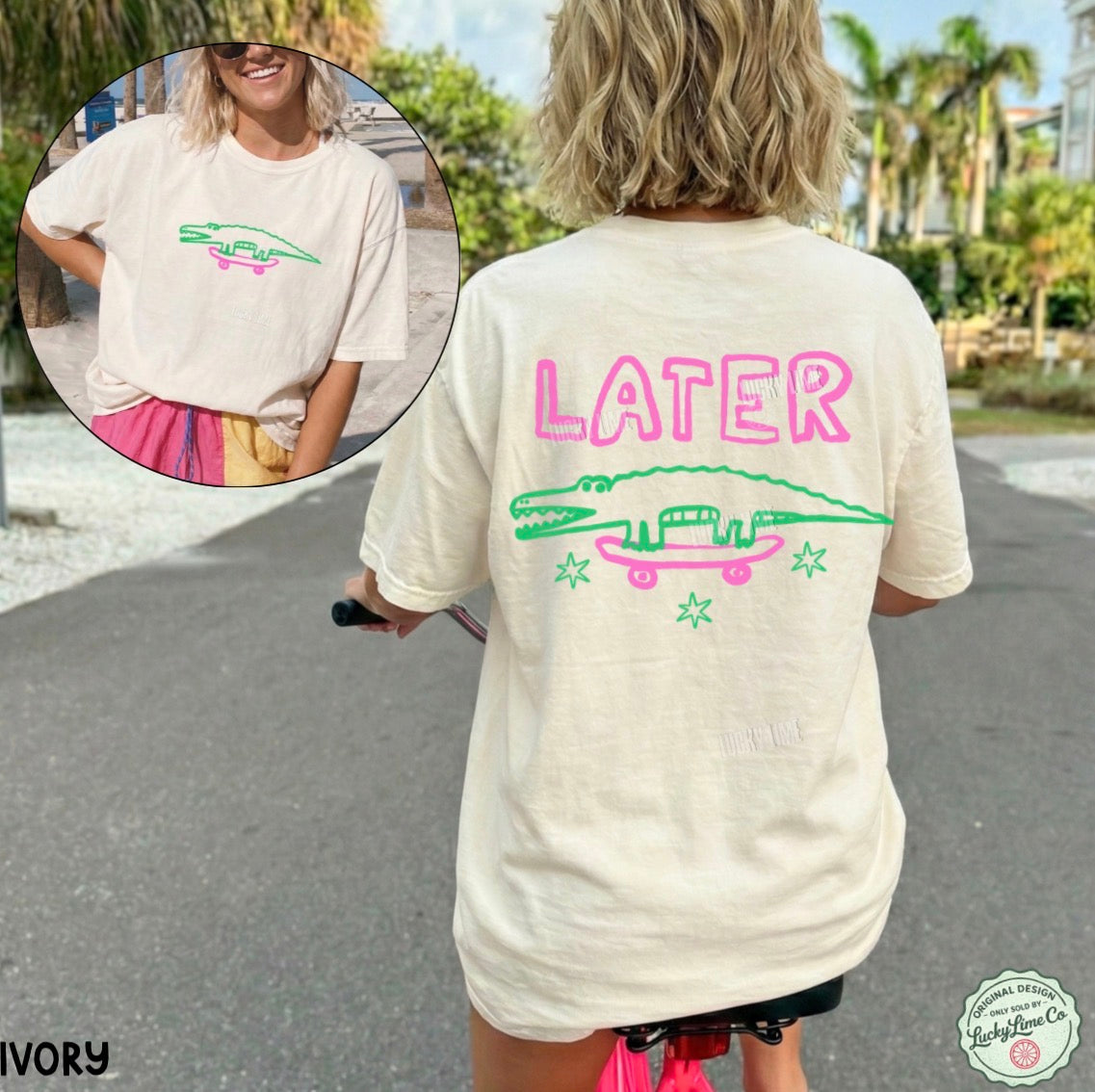 Person wearing an ivory t-shirt with 'LATER' and alligator graphic, standing outdoors.