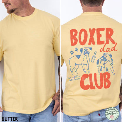 Yellow t-shirt with 'Boxer Dad Club' design on a white background