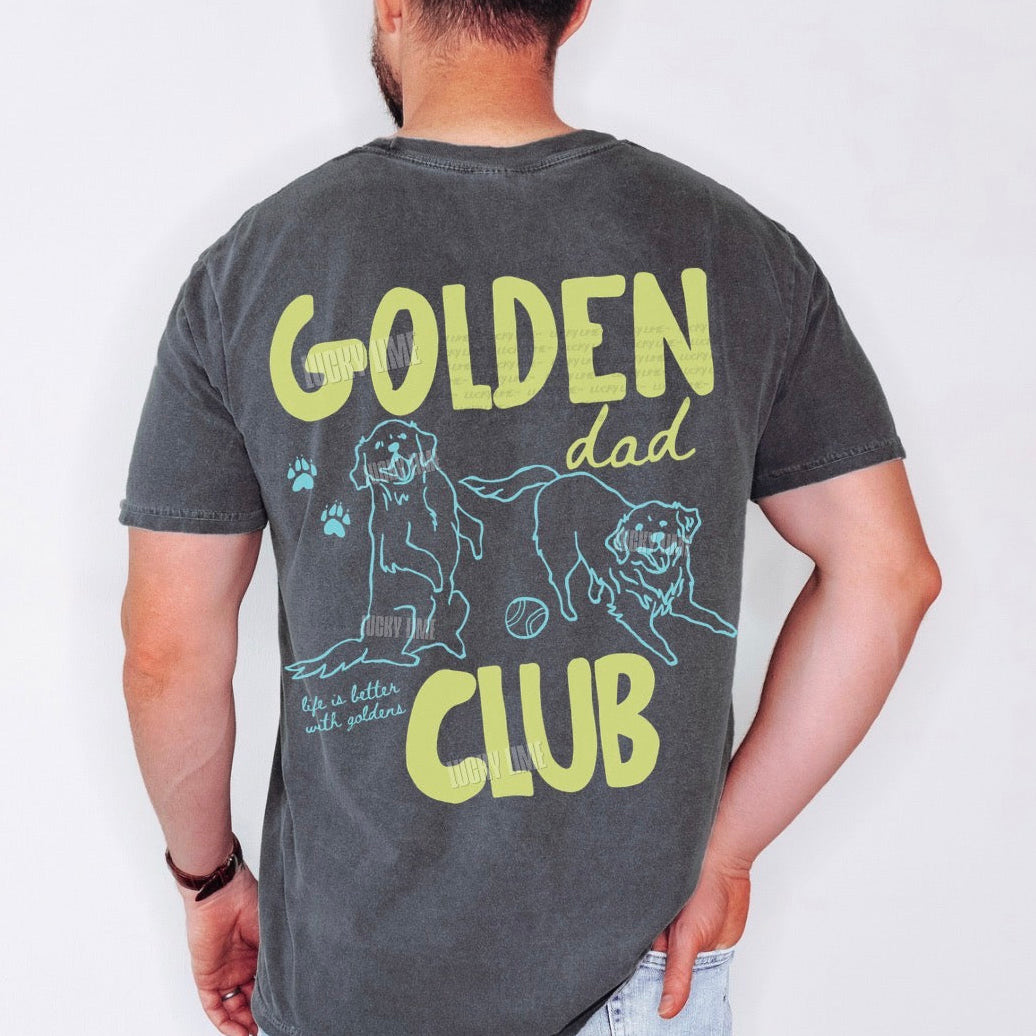 Person wearing a gray t-shirt with 'Golden Dad Club' text and graphics on the back.