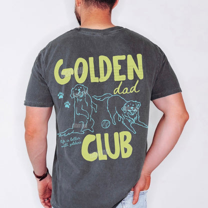 Person wearing a gray t-shirt with 'Golden Dad Club' text and graphics on the back.