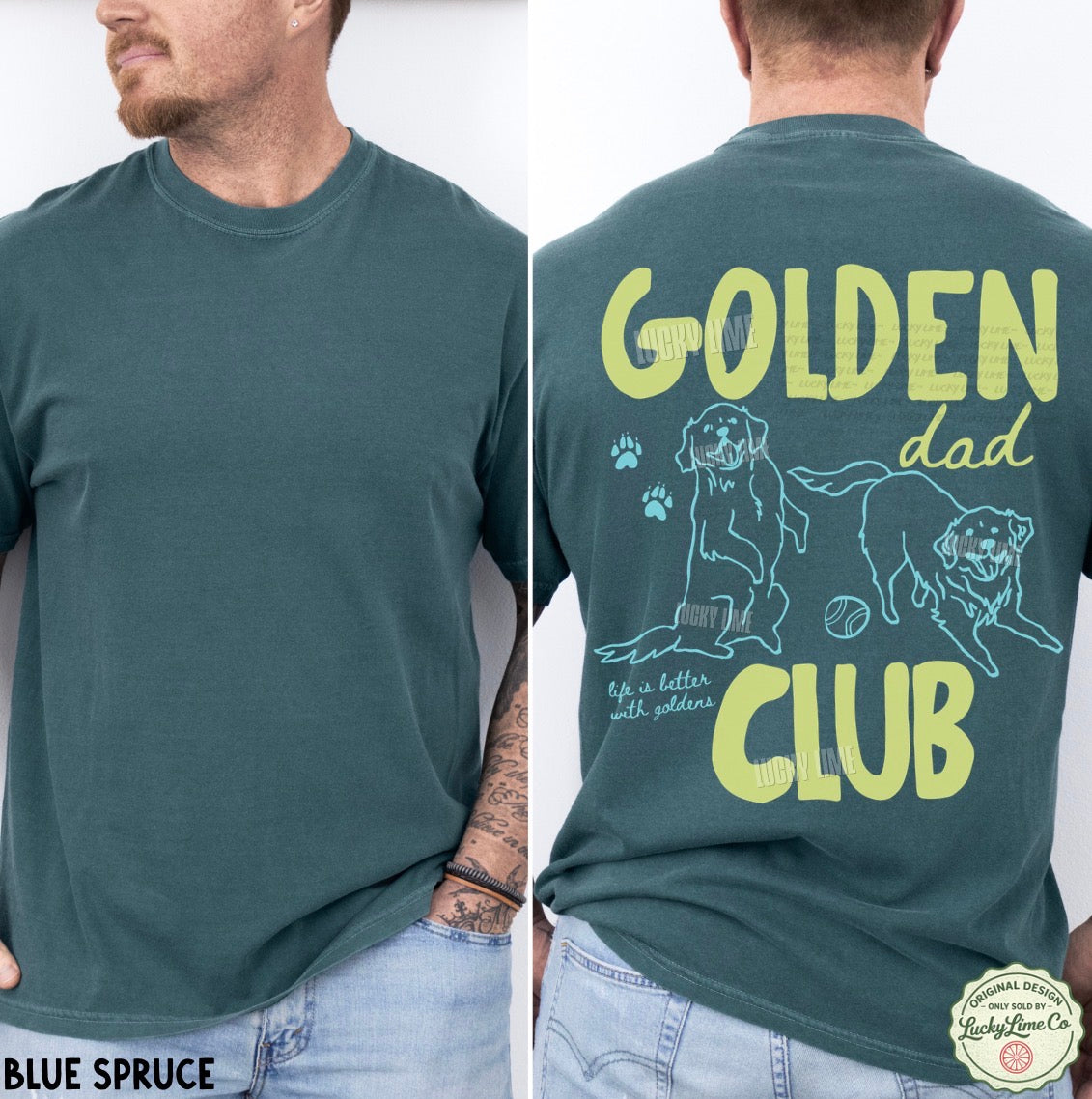 Green t-shirt with 'Golden Dad Club' design on a person, front and back views.