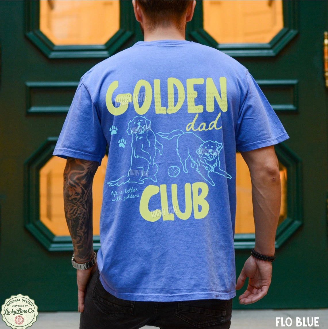 Person wearing a blue t-shirt with 'Golden Dad Club' text and graphics.