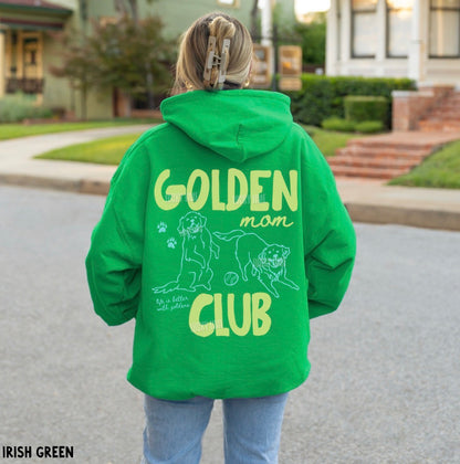Person wearing a green hoodie with 'Golden Mom Club' text and graphic on the back.