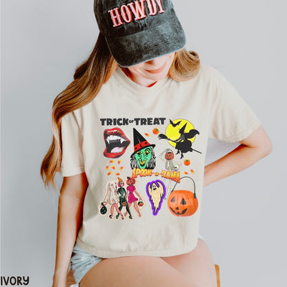 Person wearing a Halloween-themed t-shirt and cap with 'HOWDY' text.