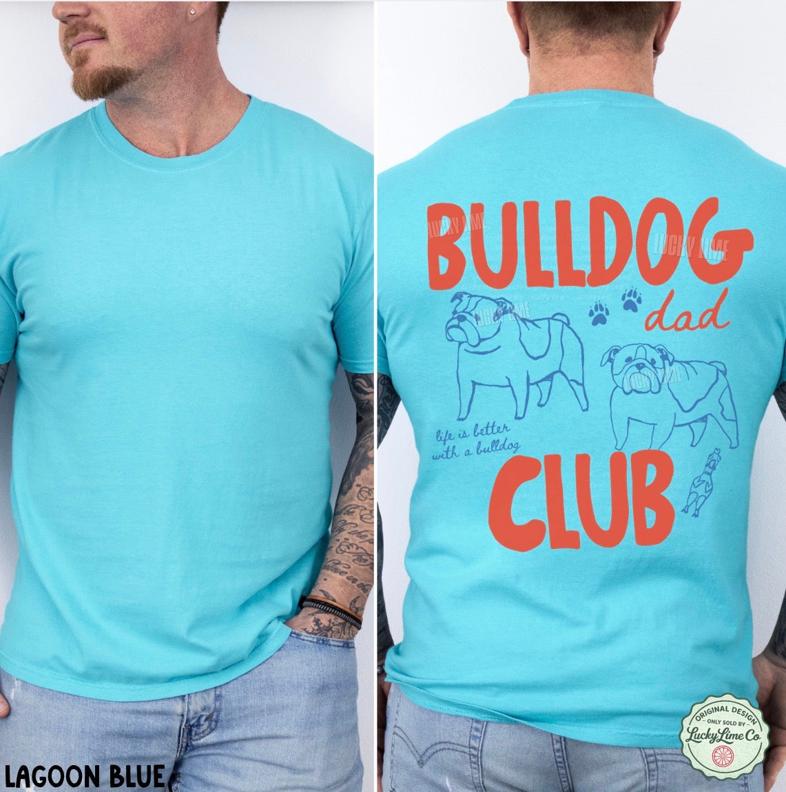 Light blue t-shirt with 'Bulldog Dad Club' text and bulldog illustrations on a white background