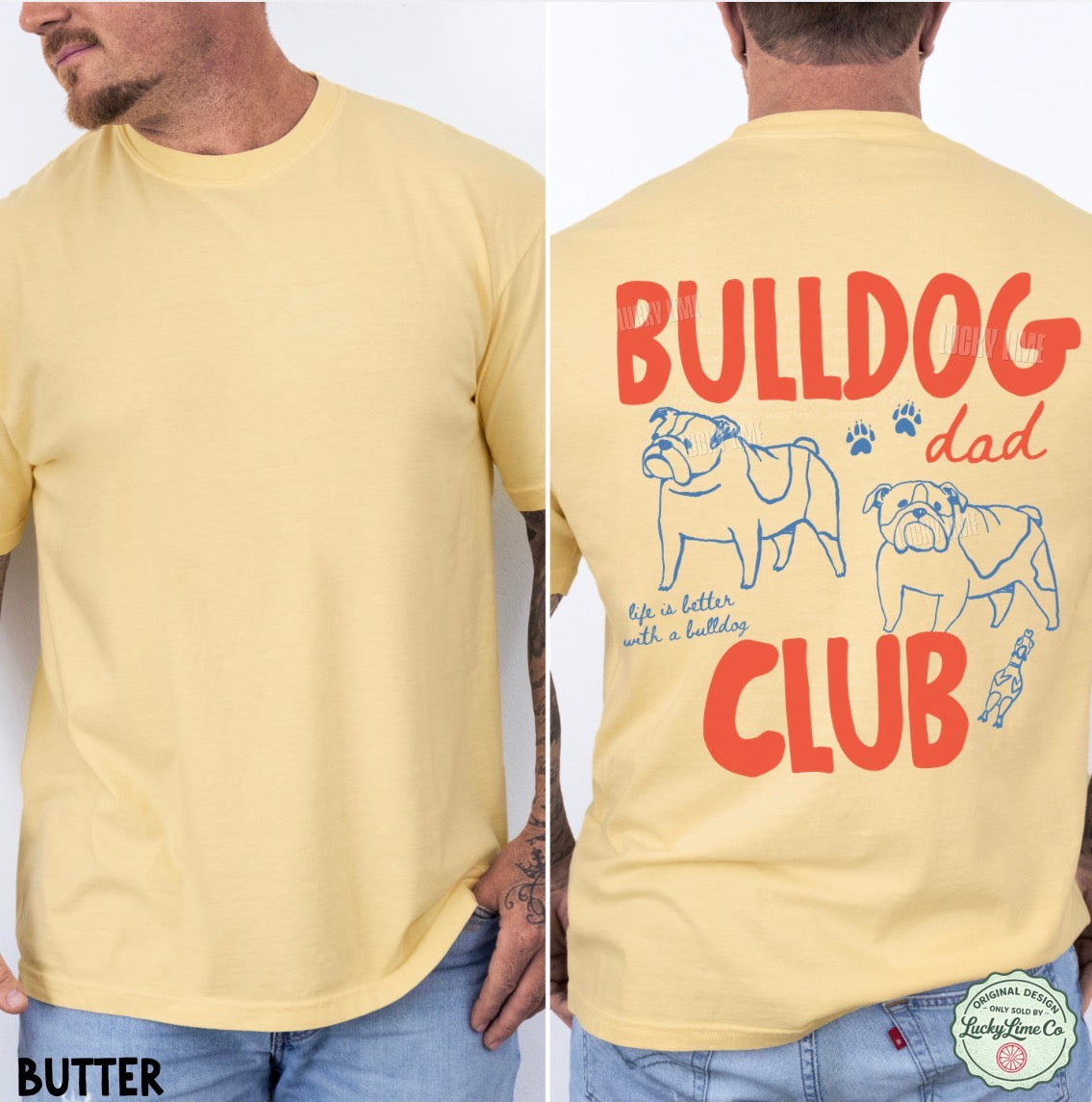 Yellow t-shirt with 'Bulldog Dad Club' text and bulldog illustrations on a white background